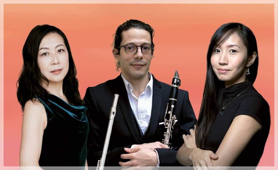 Photo d'Aki Fujitani en trio avec Arthur Sandoval (clarinette) et Inhyang Ri (piano). Concert du 26 janvier 2025.